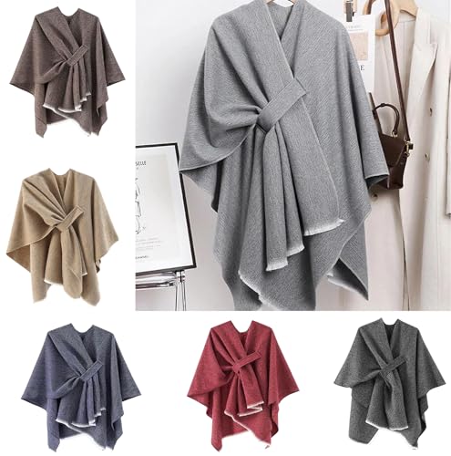 Fringe poncho shawl color options: brown, beige, navy-grey, burgundy, and dark grey with knot.
