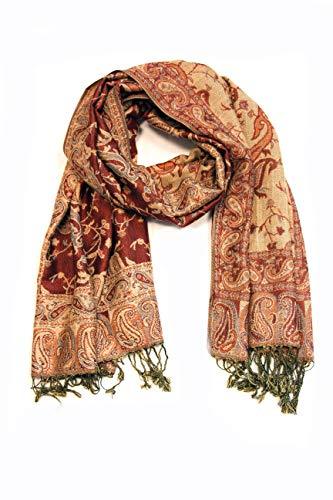 Double-layer jacquard paisley pashmina shawl in brown and tan with gold fringe