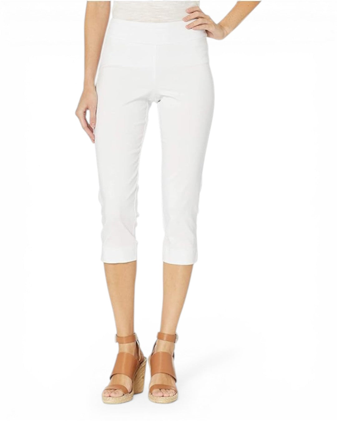 White pull-on capri pants with fitted straight-leg cut