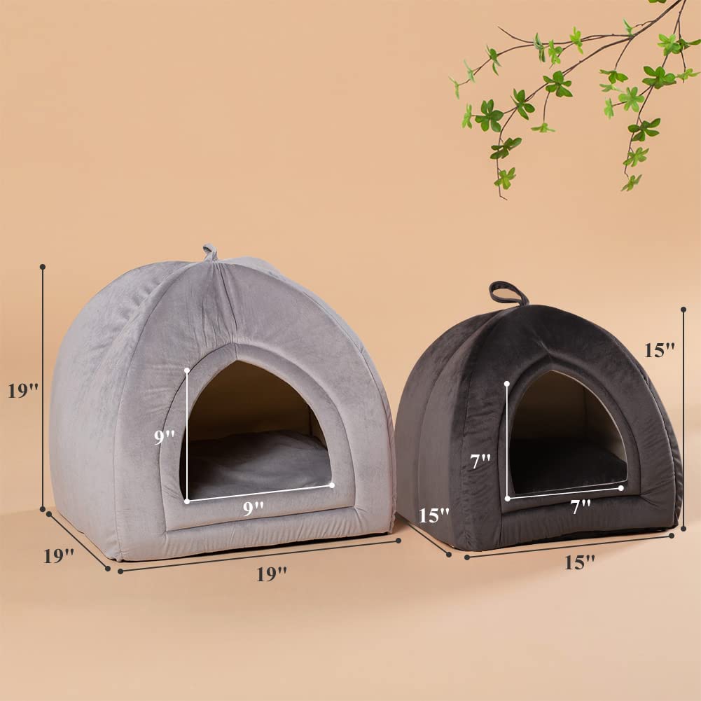 Pet tent bed in grey and black colors, with arched doorway and foldable cushion