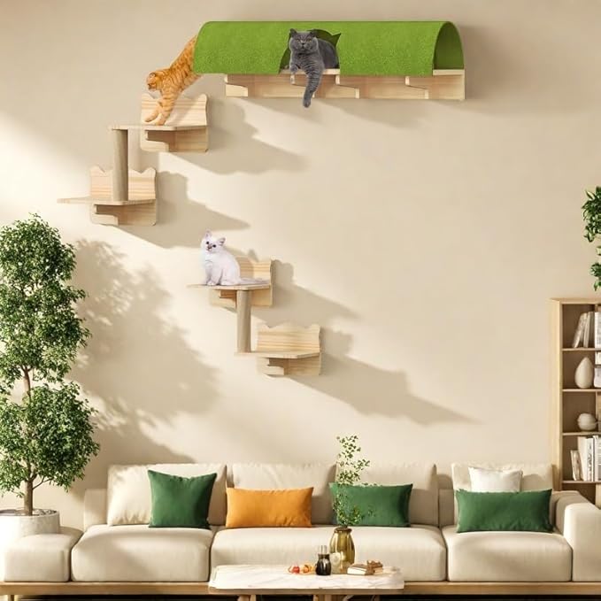 Multi-level cat wall shelves with green tunnel bed, wooden platforms, and hemp rope posts