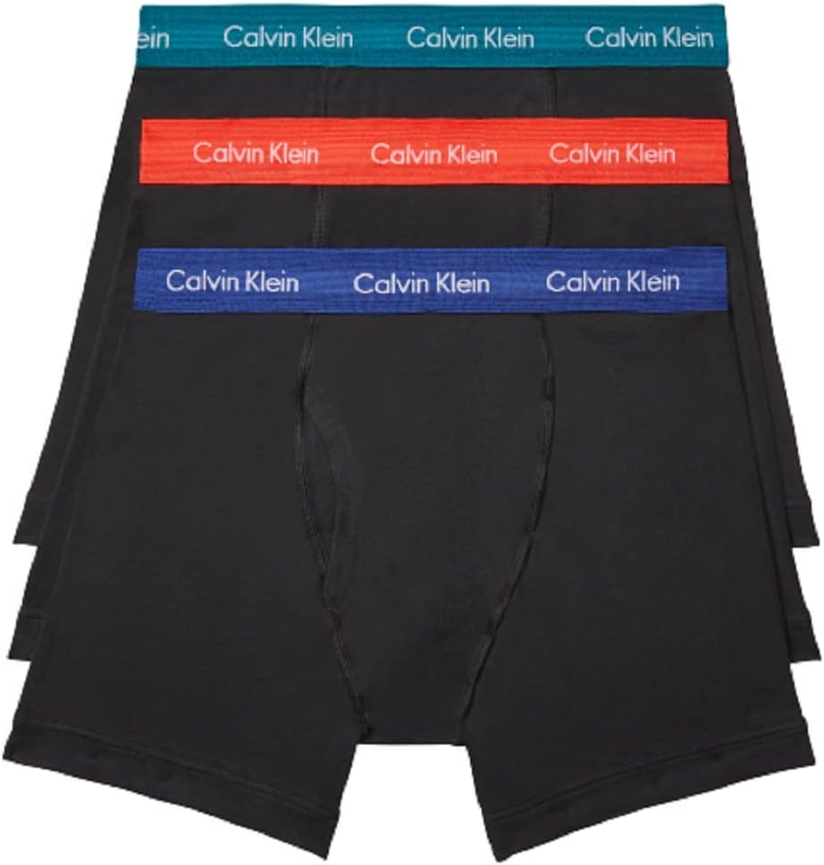 Men's dark boxer briefs 3-pack with teal, red, and blue Calvin Klein logo waistbands