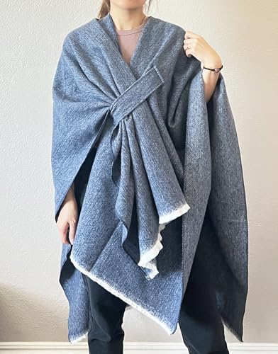 Women’s blue-grey open-front fringe poncho shawl, knotted wrap design at the V-neck opening.