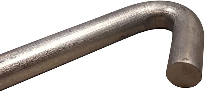 Close-up of galvanized steel tent stake hooked end and smooth curved bend.