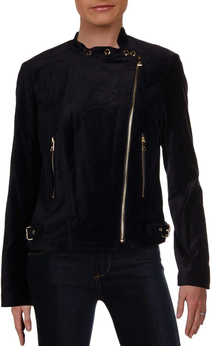 Women’s velvet motorcycle jacket with stand collar, zip front, and gold hardware