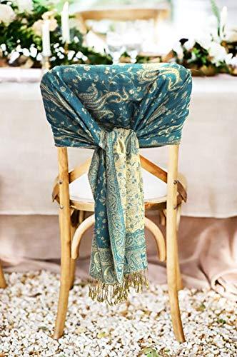 Teal paisley double-layer pashmina shawl with tassel fringe, draped display