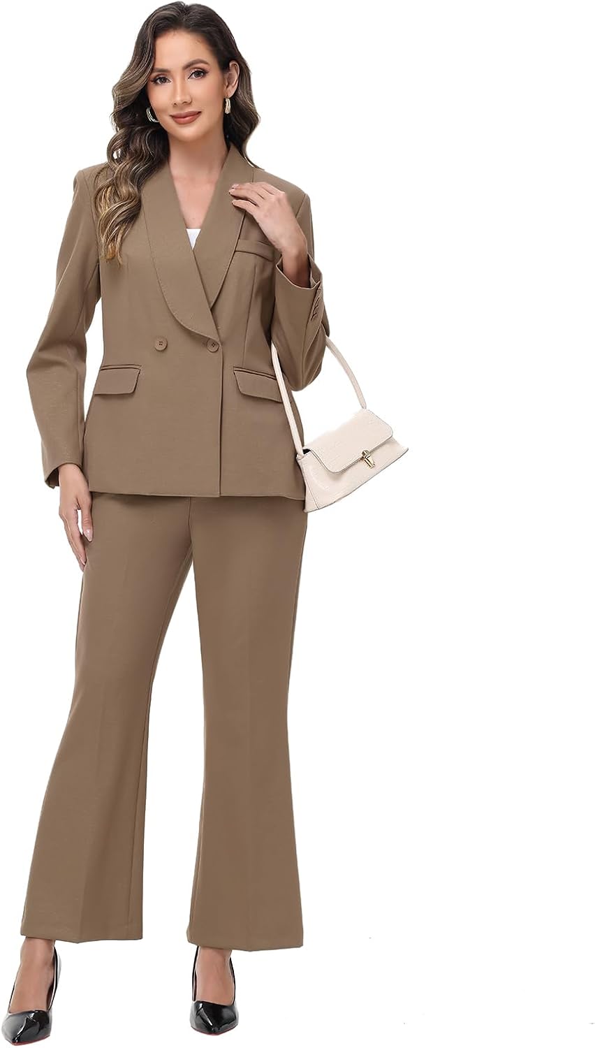 Khaki blazer and bootcut pants suit on model with crossbody bag accessory.