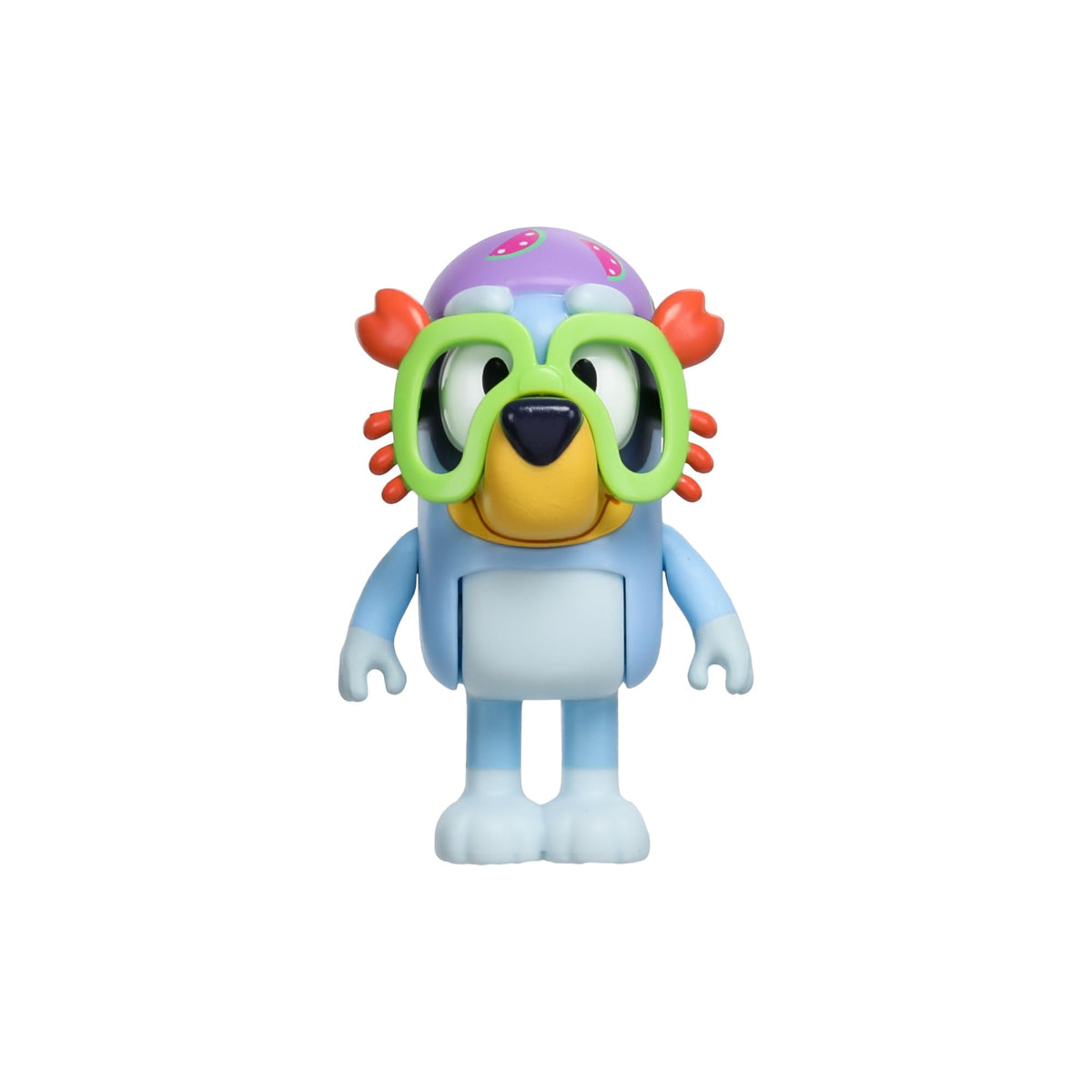 Cartoon dog character figure with green goggles and purple swim cap