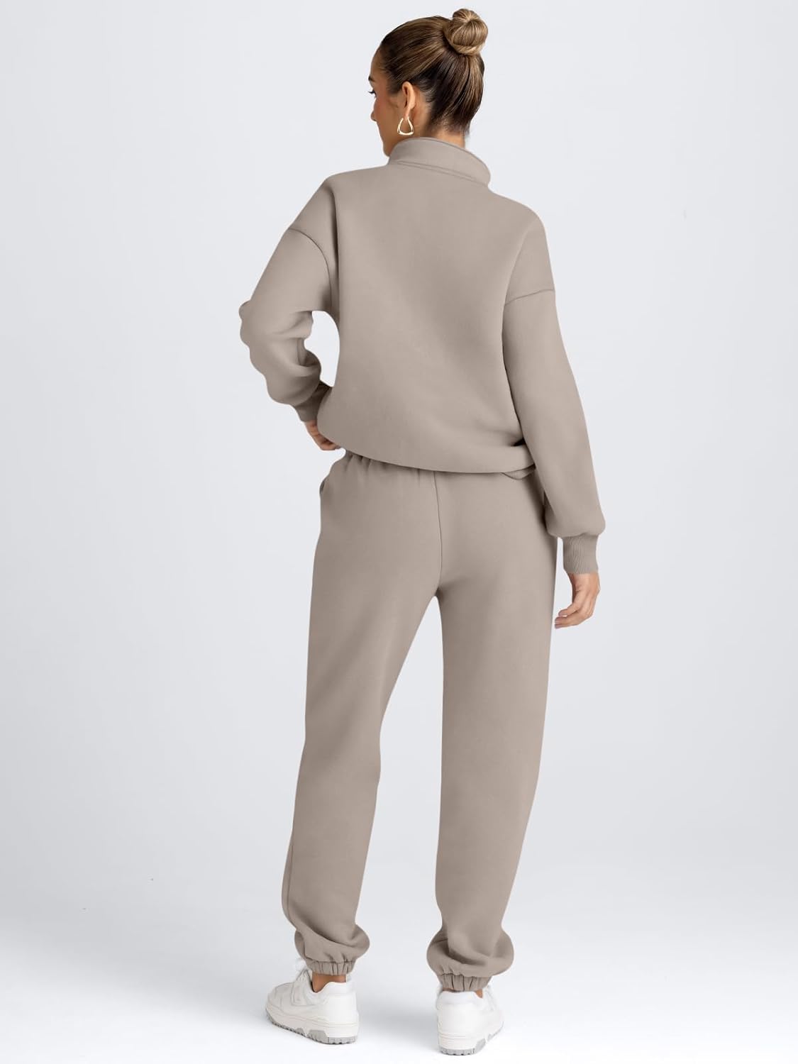 Women’s taupe half-zip pullover and jogger sweatpants lounge set, back view