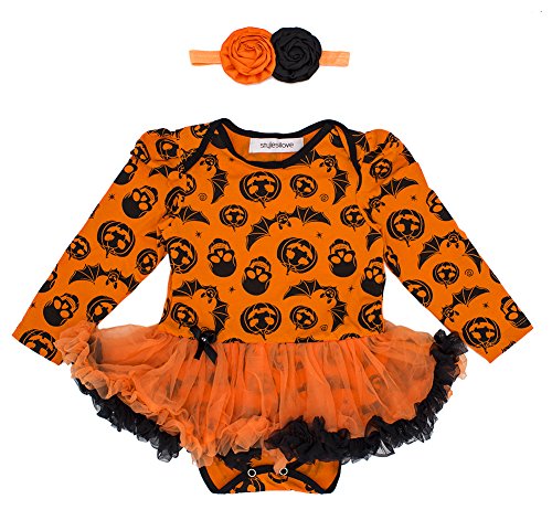 Infant Halloween orange cotton romper with long sleeves, tulle tutu ruffle, and headband