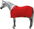 Red horse stable sheet with buckle front and surcingle straps, smooth fabric finish