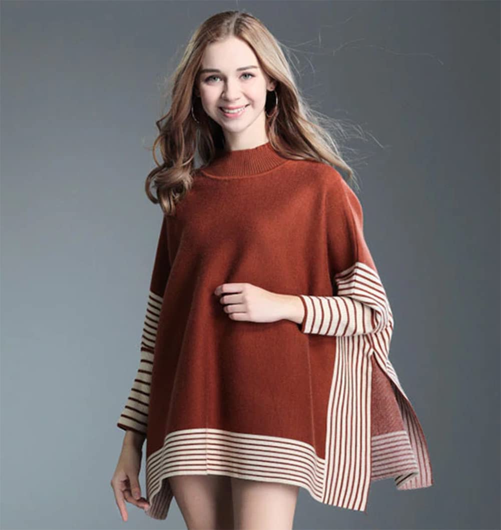 Brick mock-neck knit poncho with striped cuffs and hem, oversized batwing sleeves