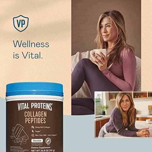 Chocolate collagen peptides canister with VP logo and woman holding a mug