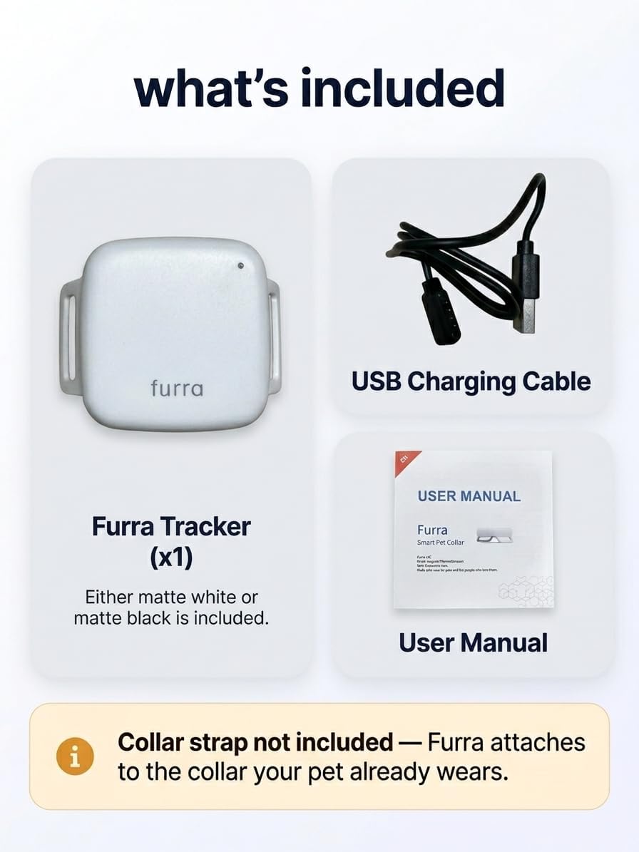 White Furr a pet tracker with USB charging cable and user manual