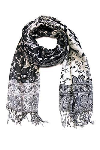 Black and white paisley jacquard pashmina stole with fringes, looped drape.