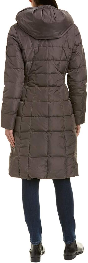 Women's long quilted puffer coat, dark brown with hood and full zipper