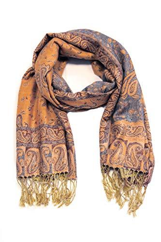 Tan and blue paisley pashmina shawl with gold fringes and folded drape
