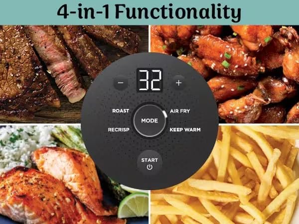 Air fryer control dial with roast and air fry mode buttons and temperature display
