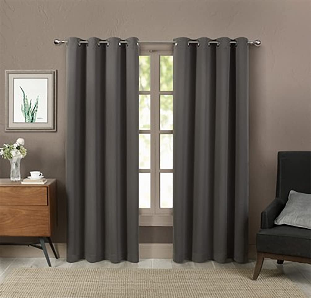 Blackout grommet window curtains, 2 dark gray panels with visible grommet header