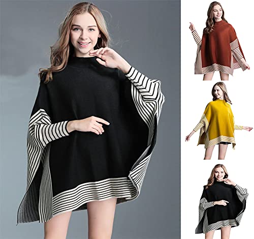 Women's black striped poncho sweater with mock neck and batwing sleeves, model wearing