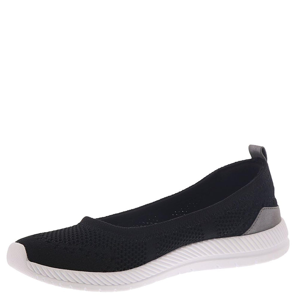 Women's slip-on sneaker in black with gray heel patch and white striped midsole