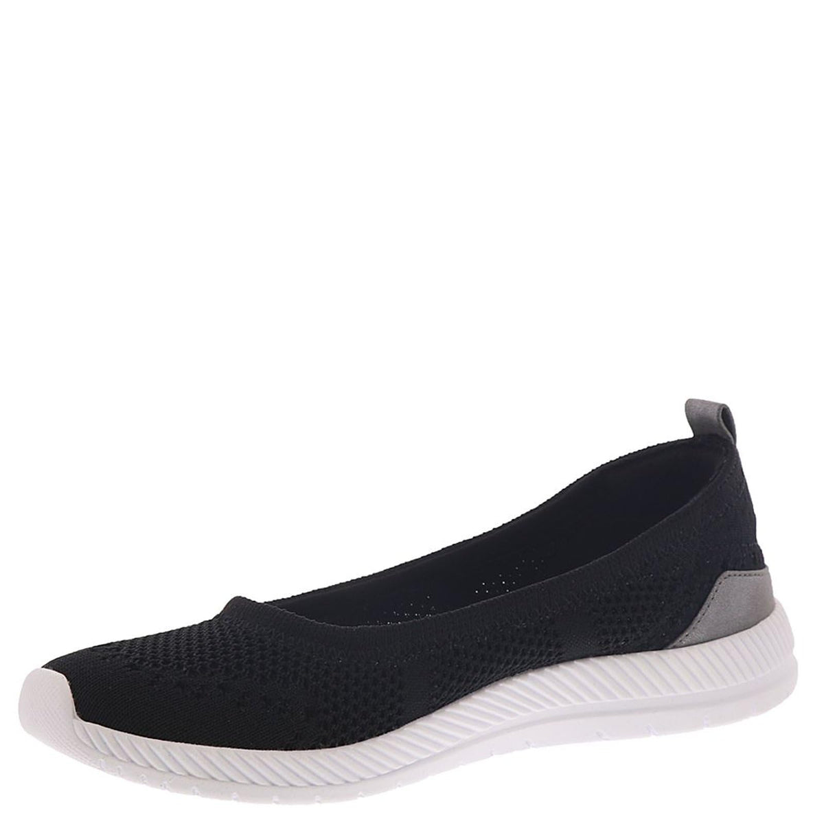 Women's slip-on sneaker in black with gray heel patch and white striped midsole