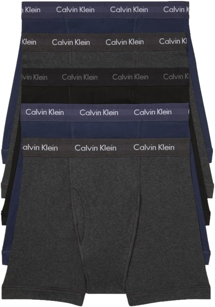 5-pack men's cotton boxer briefs in dark charcoal and blue with Calvin Klein logo waistbands