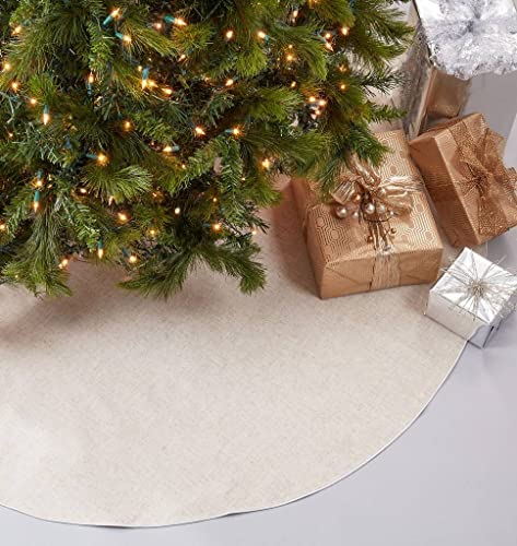 Round natural Christmas tree skirt with red piping and tree stand opening