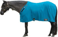 Horse stable sheet on horse, teal-blue outer with front closures and leg straps