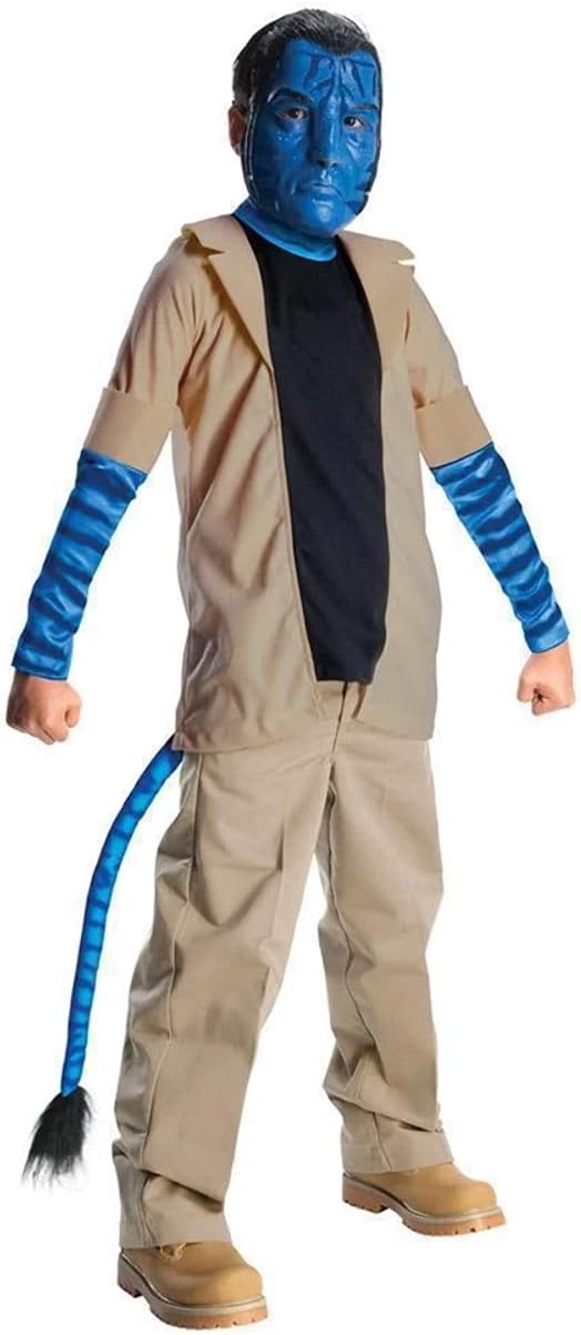 Children's Avatar Jake Sully costume: blue face, tan jacket, pants, boots, tail
