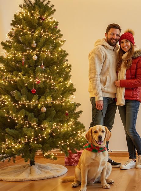 Warm white fairy lights on a decorated Christmas tree indoors for holiday decor.