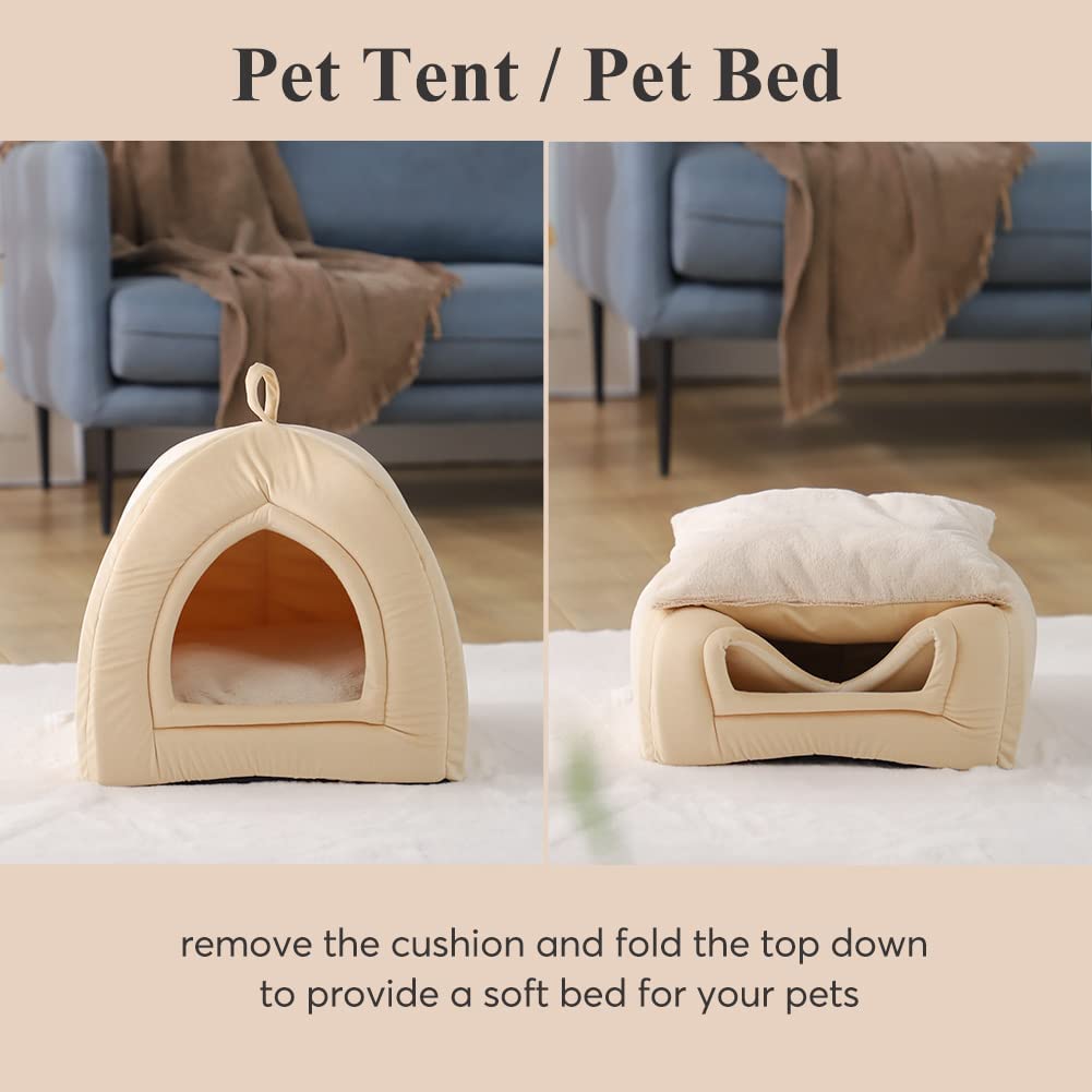 Beige pet tent bed with cushion folded down for a flat pet resting bed
