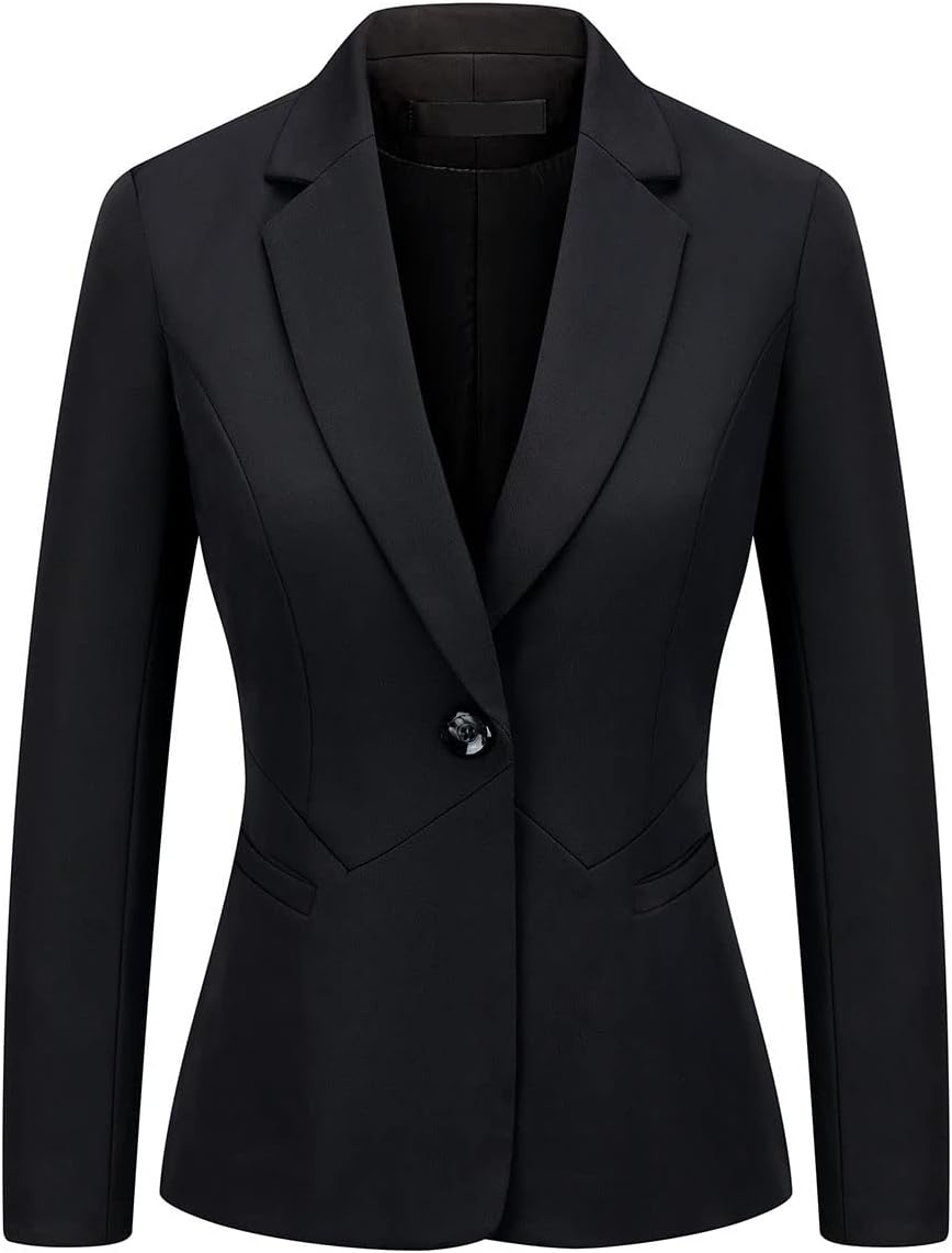 Women's black one-button blazer with notch lapels, slim fit office suit jacket