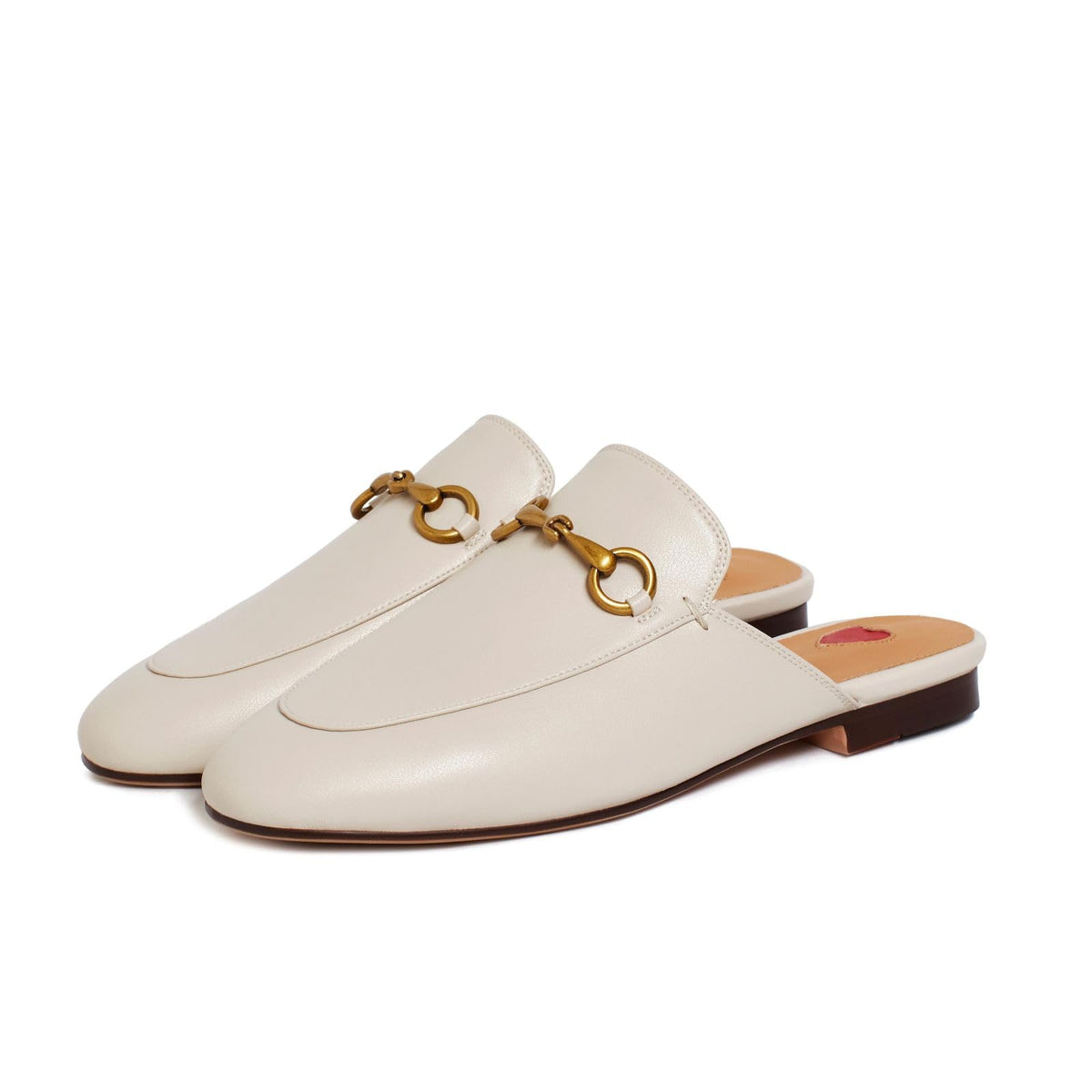 Ivory leather backless mule loafer with gold ring buckle, low block heel