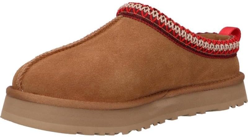 Kids' suede Tazz slipper in chestnut tan with red knit trim and rubber sole