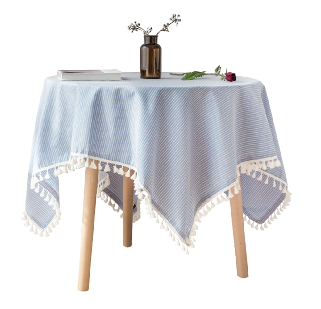 Light blue striped cotton-blend tablecloth with white tassel fringe corners, 55x55 in