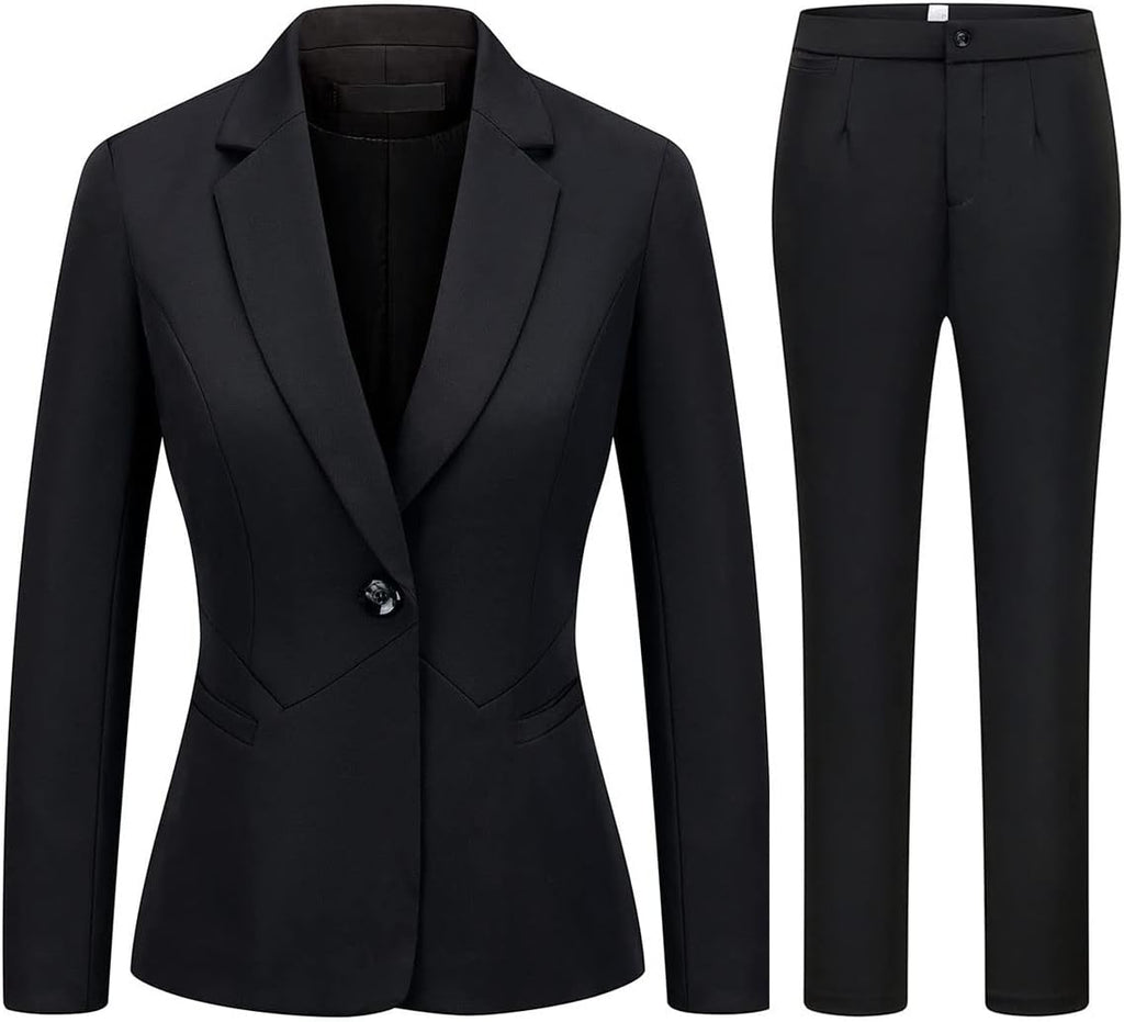 Women's black blazer and pants set, one-button jacket with notch lapels