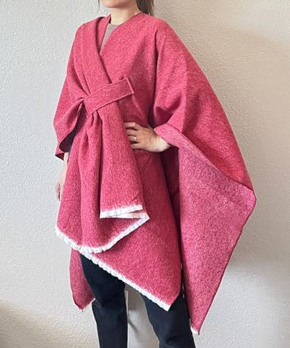 Rose pink open-front fringe poncho shawl with tie-belt and draped sleeves