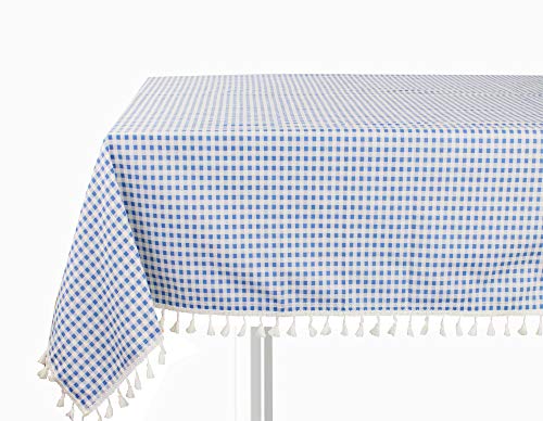 Cotton-blend tablecloth with blue gingham check pattern and white tassel fringe