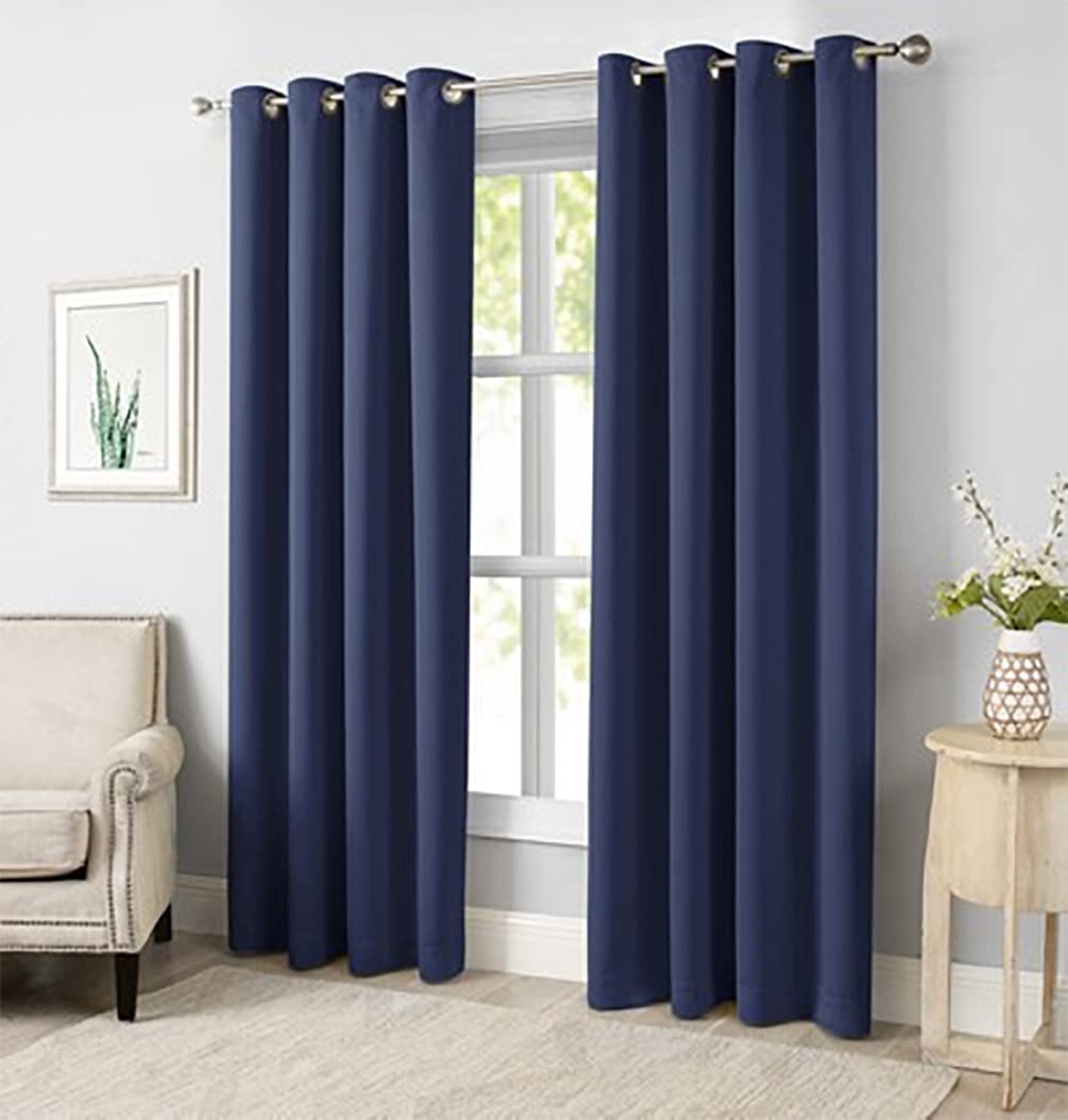 Dark navy blackout curtain panels with metal grommets and rod header