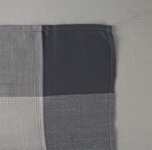 Corner detail of blue tablecloth with dark border and stitched edge