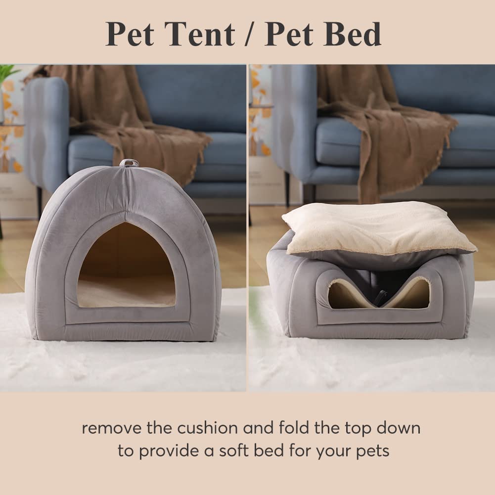 Pet tent bed set: grey and beige options, arched entrance with removable cushion
