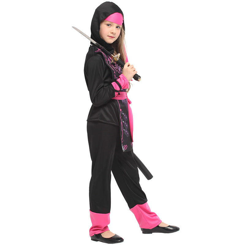 Kids' side-view black samurai costume with pink trim, hood, tunic, belt, sword