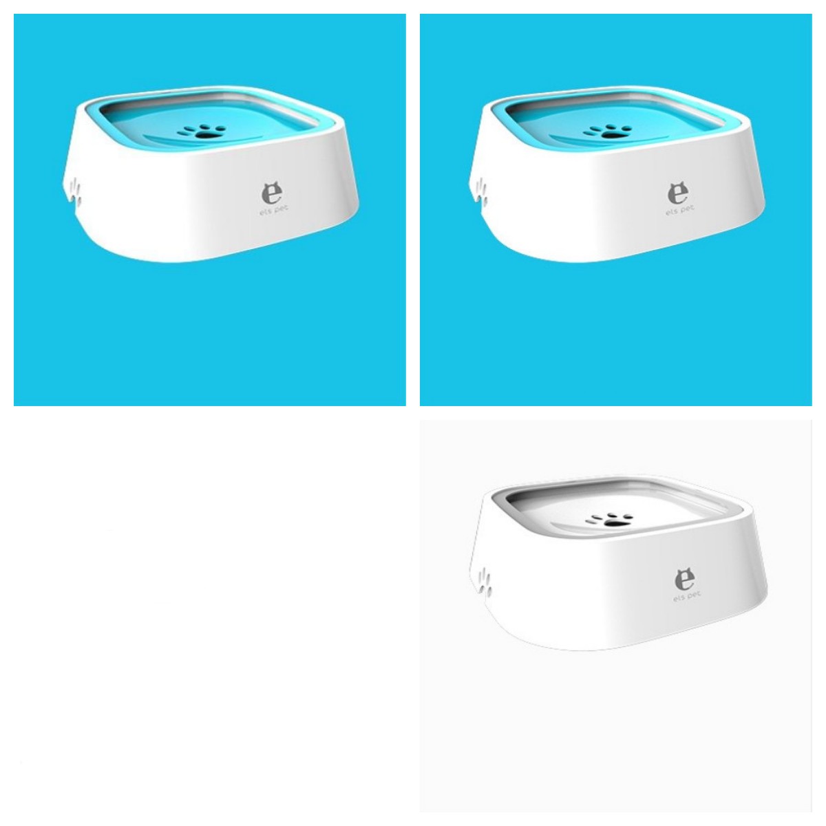 Pet water bowl with floating slow-feed tray, anti-overflow design, white with blue and gray inserts