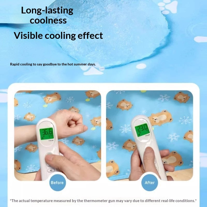 Blue pet cooling ice pad cooling-effect graphic with thermometer readings