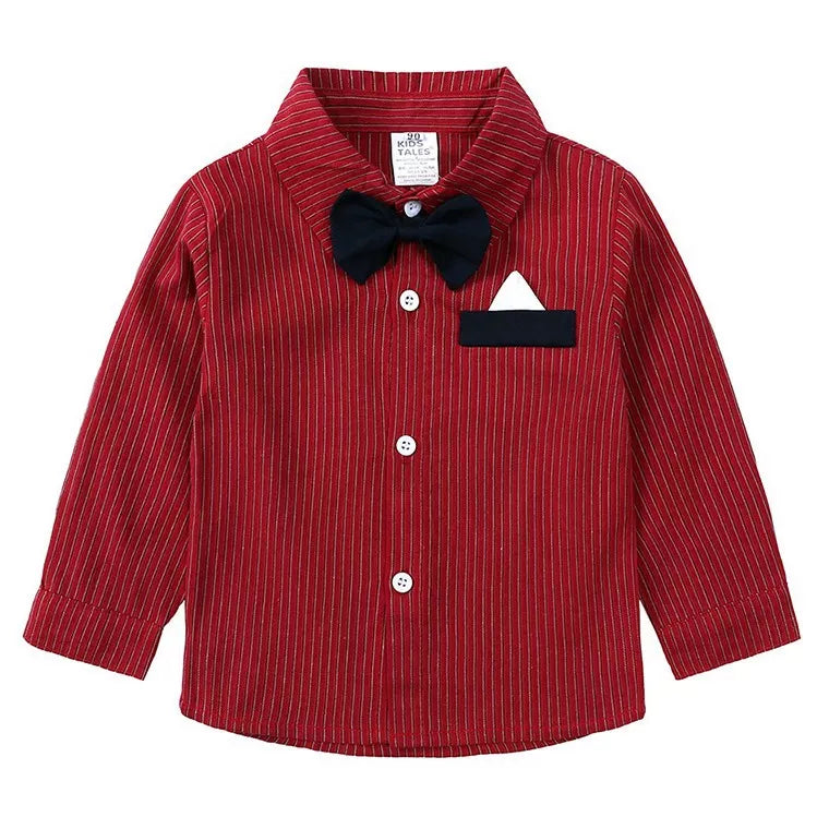 Red striped shirt with black bow, chest pocket, and white button placket