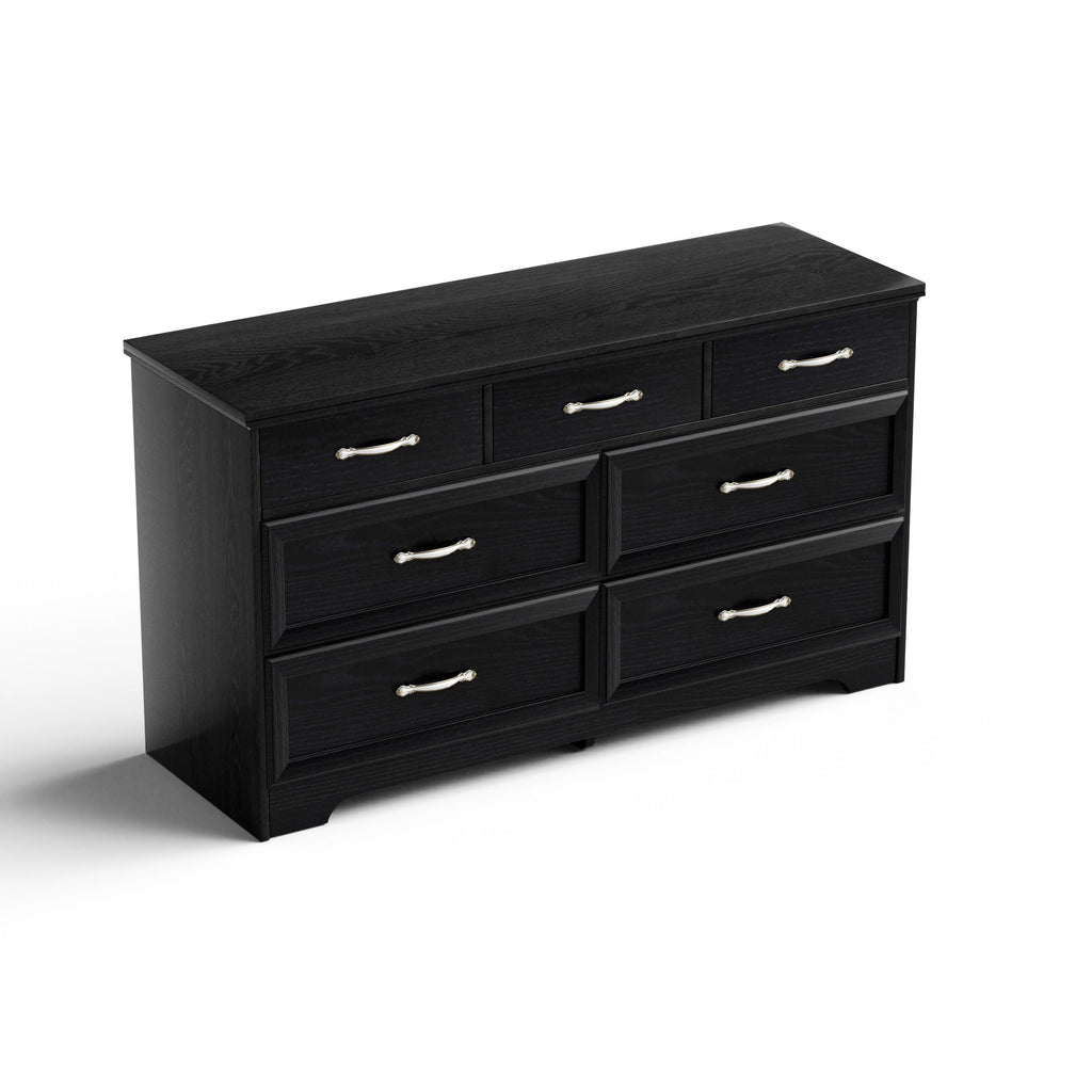 Black dresser chest with flat top, multiple drawers, and chrome metal bar pull handles