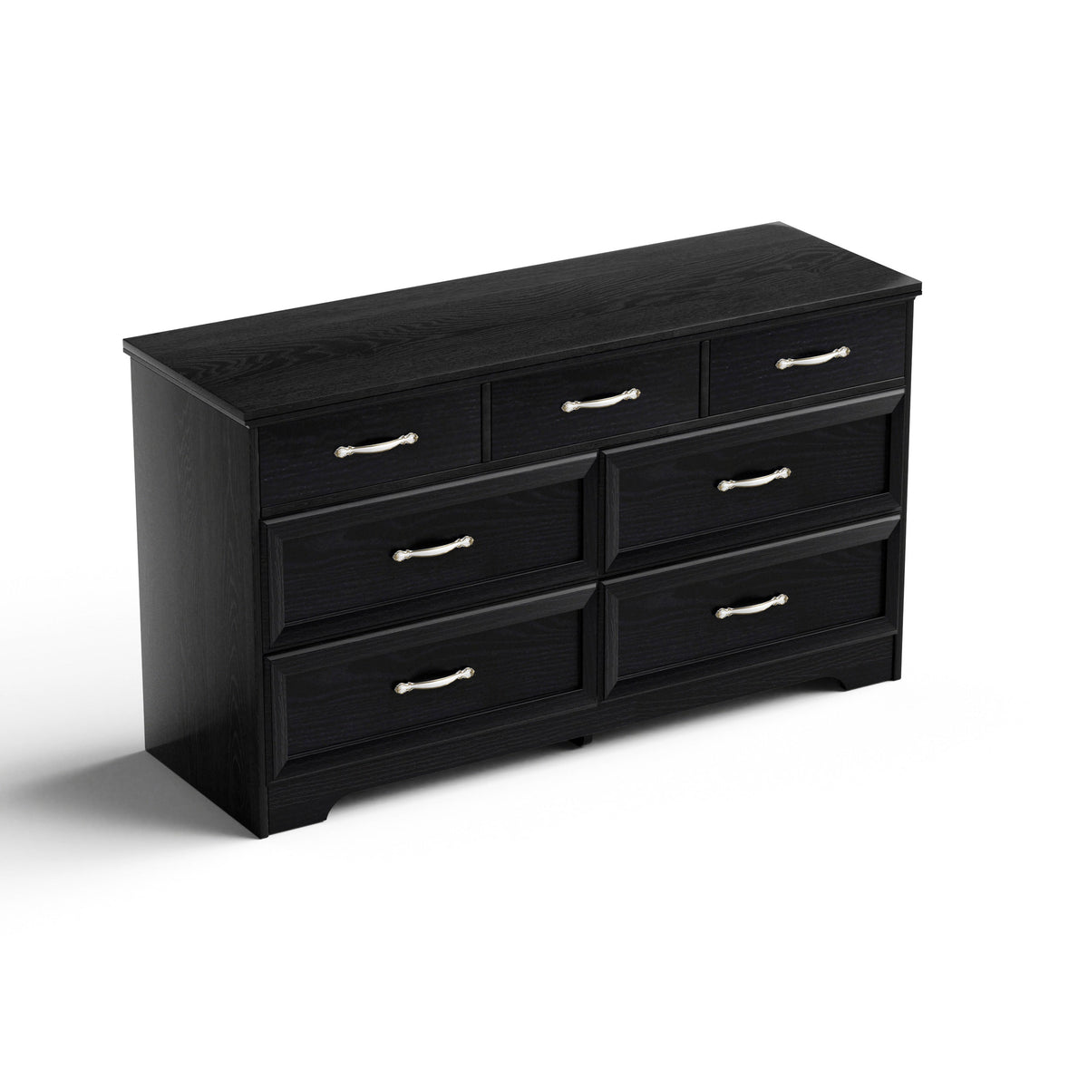 Black dresser chest with flat top, multiple drawers, and chrome metal bar pull handles