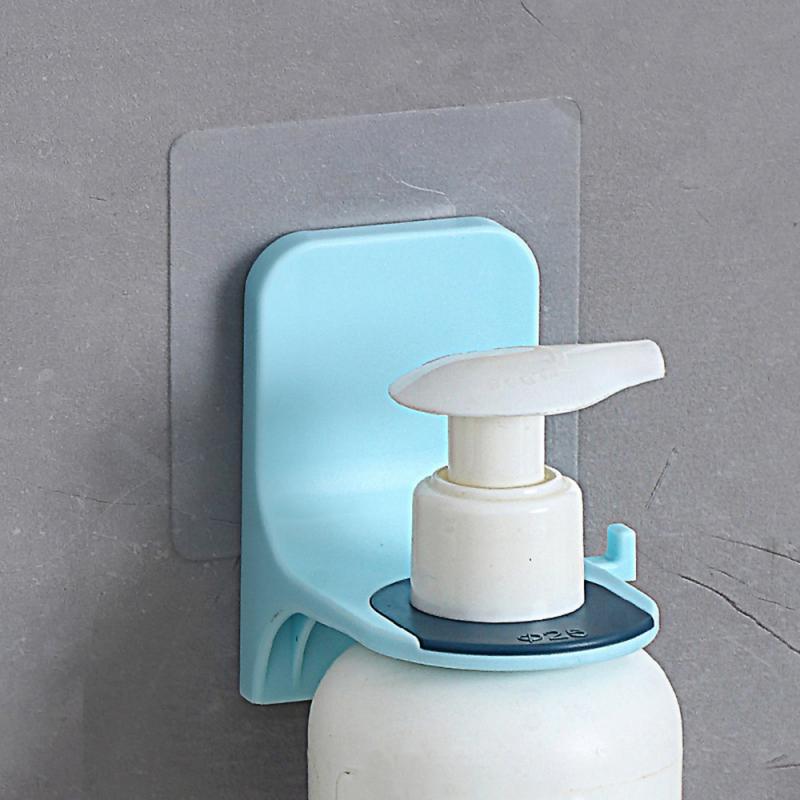 Self-adhesive shower bottle holder, light blue wall rack with white dispenser pump