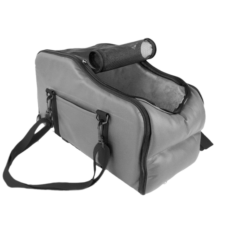 Gray portable pet car seat cushion with side zipper, front pocket, and shoulder strap